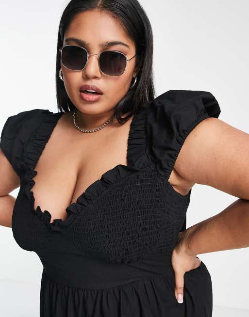 ASOS DESIGN Curve - Robe mi-longue avec buste froncé et jupe à volants étagés - Noir, 3 de 4