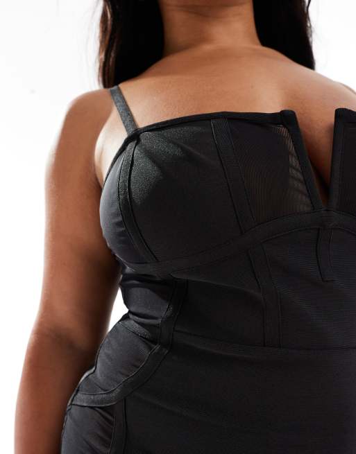 ASOS DESIGN Curve - Robe mi-longue bandage à empiècements transparents - Noir, 3 de 4