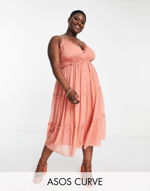 ASOS DESIGN Curve Robe mi longue boutonnee a volants etages et bordures en dentelle Rose ASOS