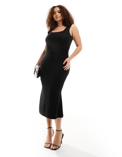 FhyzicsShops DESIGN Curve - Robe mi-longue douce au toucher à encolure carrée - Noir