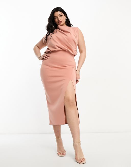 ASOS DESIGN Curve Robe mi longue drap e et bouffante jusqu la taille avec col montant Marron camel