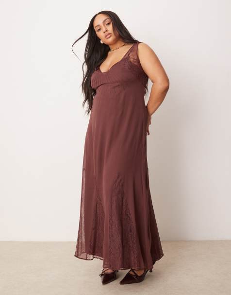 ASOS DESIGN Curve - Robe mi-longue en dentelle et mousseline à godets - Marron chocolat - view 1