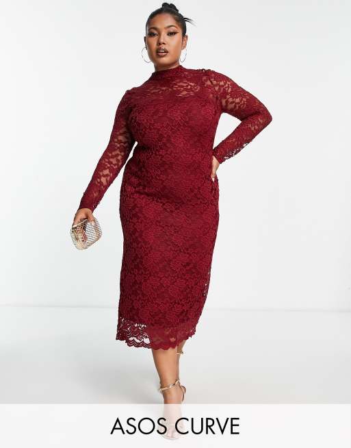 ASOS DESIGN Curve Robe mi longue en dentelle Lie de vin ASOS