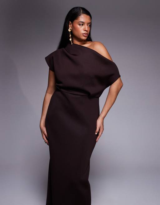 ASOS DESIGN Curve - Robe mi-longue en imitation néoprène avec encolure sculpturale - Marron, 4 de 4