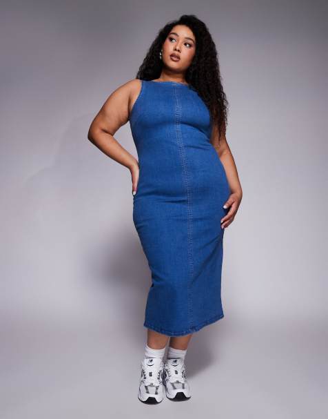 ASOS DESIGN Curve - Robe mi-longue en jean minimaliste - Bleu foncé délavé - view 1