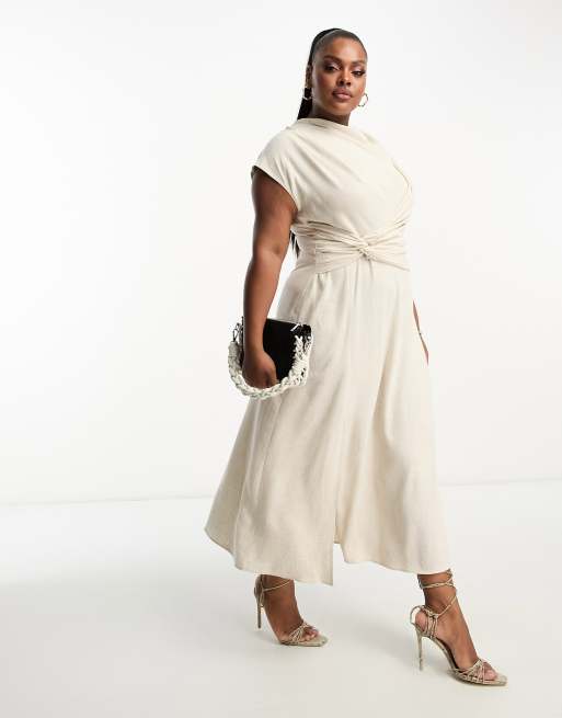 ASOS DESIGN Curve - Robe mi-longue en lin avec torsade sur le devant et col montant - Naturel