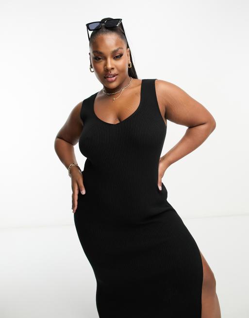 ASOS DESIGN Curve - Robe mi-longue en maille à col en V - Noir