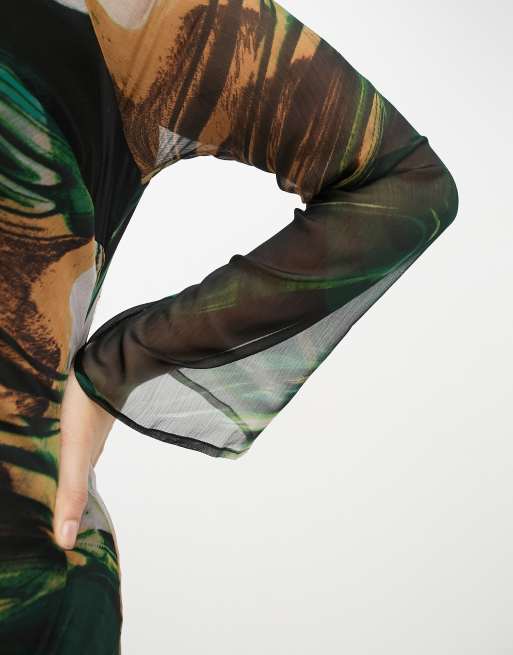 ASOS DESIGN Curve - Robe mi-longue en mousseline à imprimé marbré et manches longues, 2 de 4