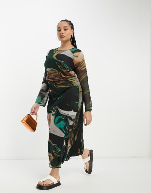ASOS DESIGN Curve - Robe mi-longue en mousseline à imprimé marbré et manches longues, 3 de 4
