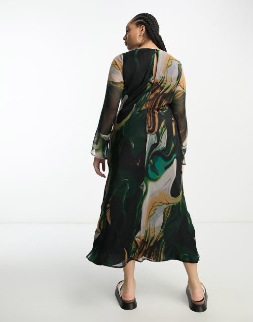 ASOS DESIGN Curve - Robe mi-longue en mousseline à imprimé marbré et manches longues, 4 de 4