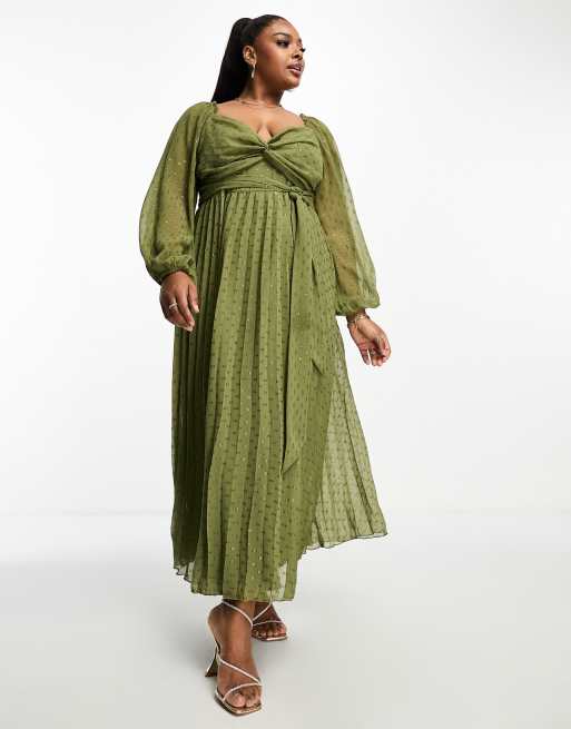 ASOS DESIGN Curve Robe mi longue en mousseline fa on plumetis manches longues et d tail torsad l avant Vert olive