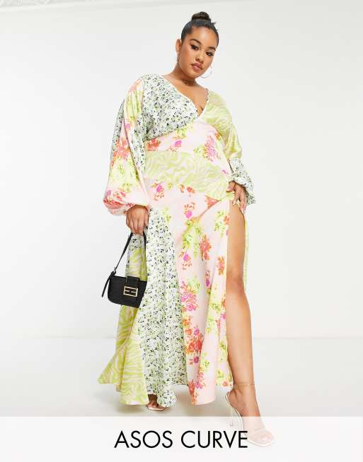 ASOS DESIGN Curve - Robe mi-longue en satin à coutures apparentes et imprimés variés 