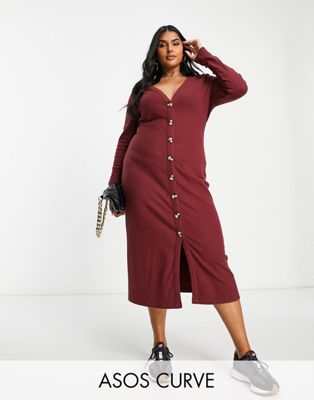 ASOS DESIGN Curve super soft button through cardigan midi dress in burgundy - ASOS Price Checker