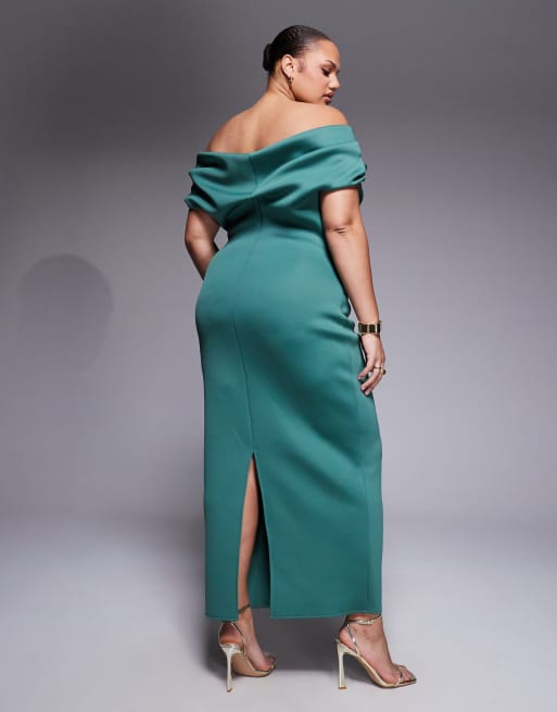 ASOS DESIGN Curve - Robe mi-longue fendue en imitation néoprène avec encolure bardot - Bleu sarcelle, 3 de 4