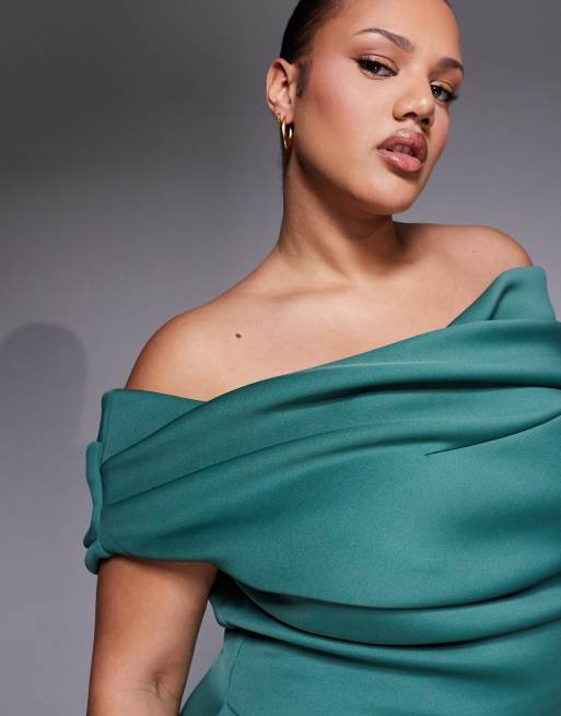 ASOS DESIGN Curve - Robe mi-longue fendue en imitation néoprène avec encolure bardot - Bleu sarcelle, 4 de 4