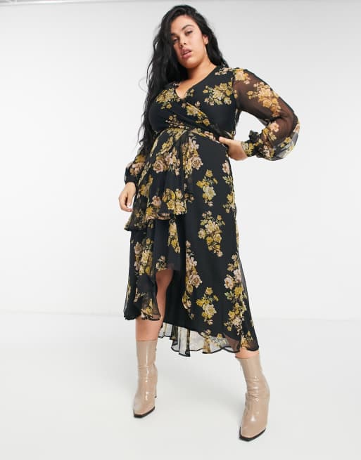 ASOS DESIGN Curve Robe mi longue fleurie crois e la taille avec jupe doubl e et manches longues