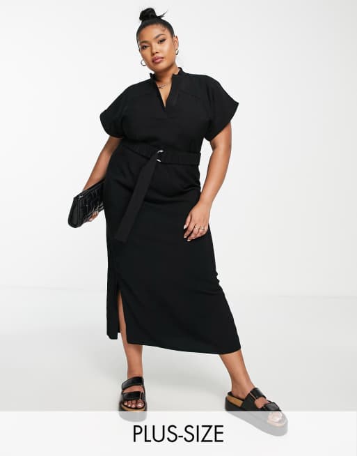ASOS DESIGN Curve - Robe mi-longue fourreau fonctionnelle avec ceinture à boucle en D - Noir