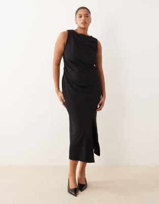 ASOS DESIGN Curve - Robe mi-longue froncée à encolure bateau - Noir 46