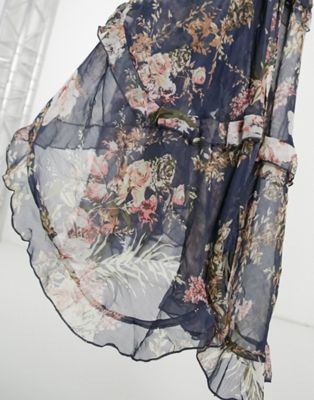 Robes DESIGN Curve - Robe mi-longue froncée à volants superposés, bordures en dentelle et imprimé fleuri - Bleu marine