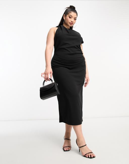 ASOS DESIGN Curve - Robe mi-longue froncée aux épaules avec col montant - Noir