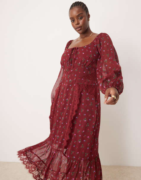 ASOS DESIGN Curve - Robe mi-longue nouée devant à manches longues avec empiècements en dentelle - Imprimé à petites fleurs - view 1