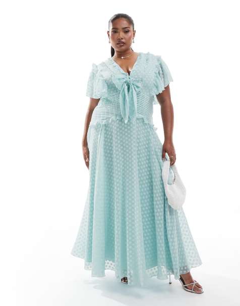 ASOS DESIGN Curve - Robe mi-longue nouée devant en jacquard et dévoré à pois avec manches évasées - Bleu glacé - view 1