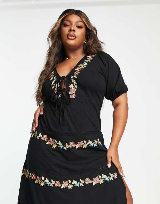 ASOS DESIGN Curve Robe mi longue nouee sur le devant a volants et a broderie fleurs Noir ASOS