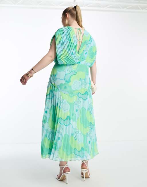 ASOS DESIGN Curve - Robe mi-longue plissée à fleurs avec col en V et ourlet étagé - Bleu, 2 de 4