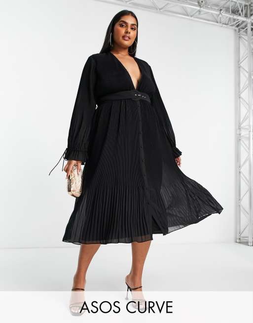 ASOS DESIGN Curve - Robe mi-longue plissée à manches blousantes et ceinture - Noir