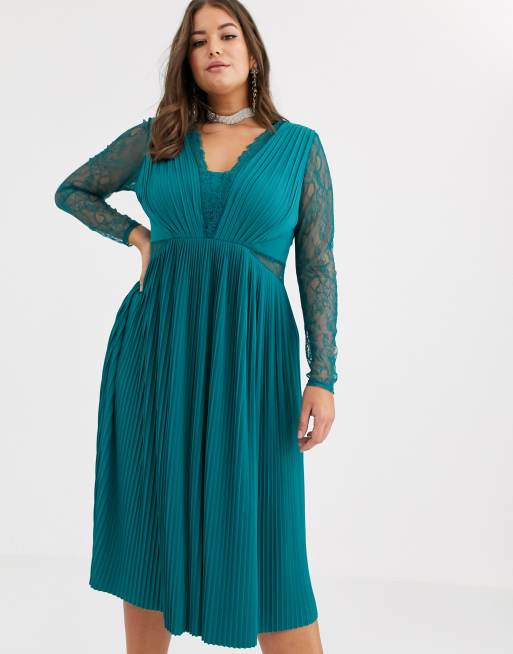 ASOS DESIGN Curve - Robe mi-longue plissée à manches longues avec dentelle, 4 de 4