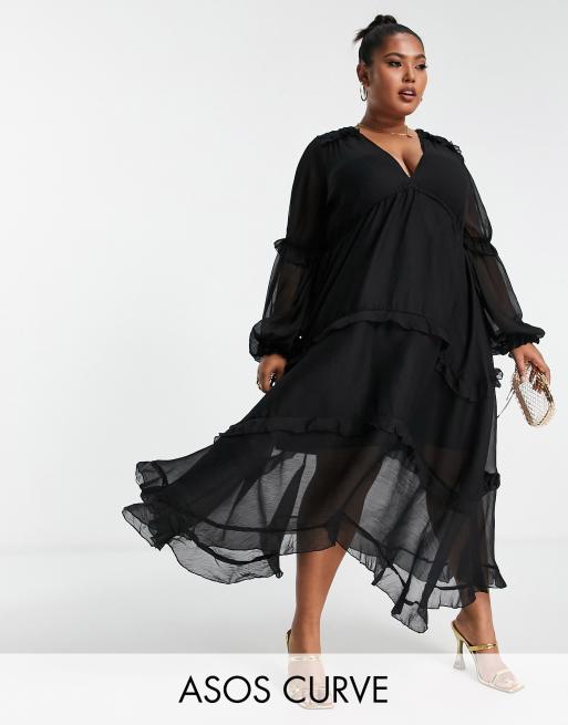 ASOS DESIGN Curve - Robe mi-longue plissée à superposition et volants - Noir 