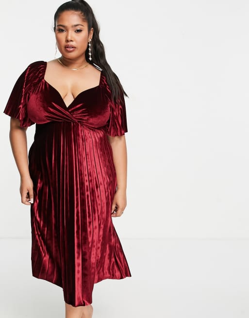 ASOS DESIGN Curve - Robe mi-longue plissée à taille empire et détail torsadé au dos - Rouge, 2 de 4