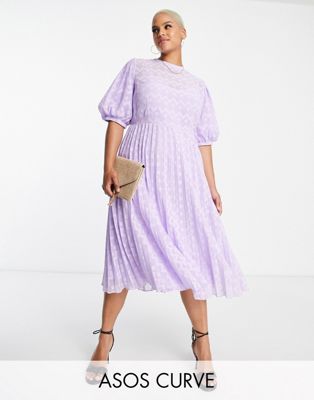 ASOS DESIGN Curve high neck pleated chevron dobby midi dress with puff sleeve in lavender - ASOS Price Checker