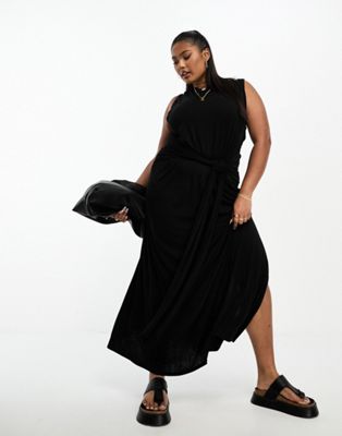 ASOS DESIGN Curve crew neck sleeveless midi dress with sarong tie skirt in black  - ASOS Price Checker
