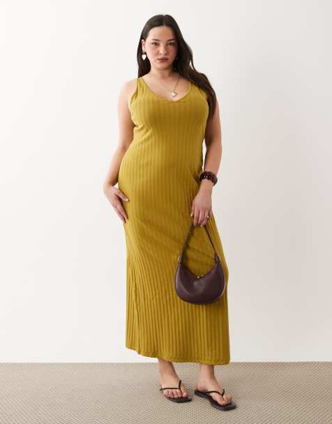 ASOS DESIGN Curve - Robe mi-longue sans manches avec larges côtes et col V - Kaki - view 1