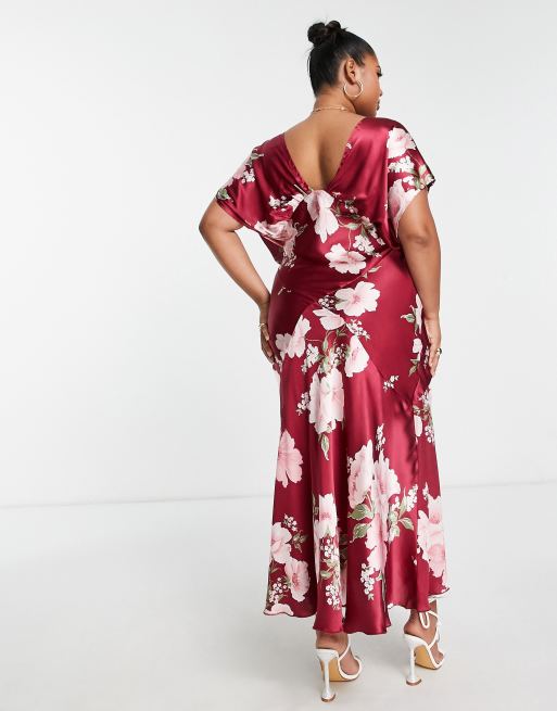 ASOS DESIGN Curve Robe mi longue satin e manches chauve souris et imprim fleurs vintage artistique Rouge