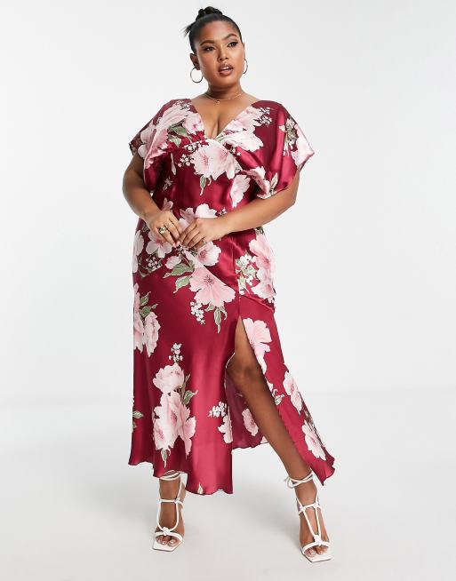 ASOS DESIGN Curve Robe mi longue satin e manches chauve souris et imprim fleurs vintage artistique Rouge