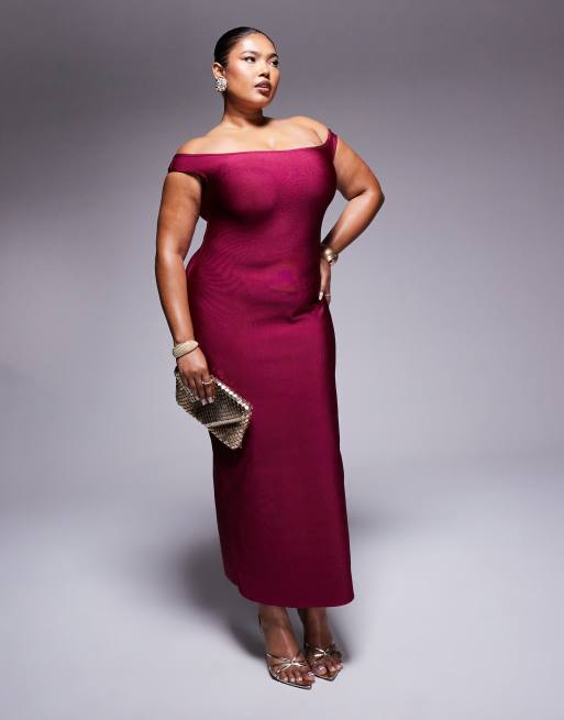 ASOS DESIGN Curve - Robe mi-longue style bandage à encolure Bardot - Baie, 3 de 4
