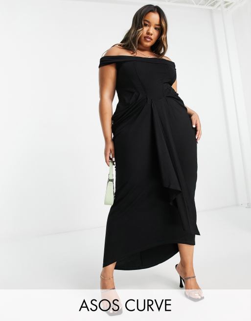 ASOS DESIGN Curve - Robe mi-longue style corset à encolure Bardot et détail froncé - Noir