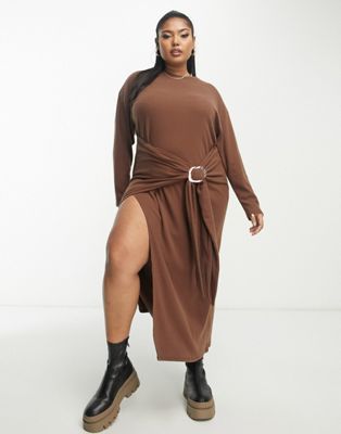 ASOS DESIGN Curve supersoft long sleeve midi dress with drapey sarong detail in chocolate brown - ASOS Price Checker