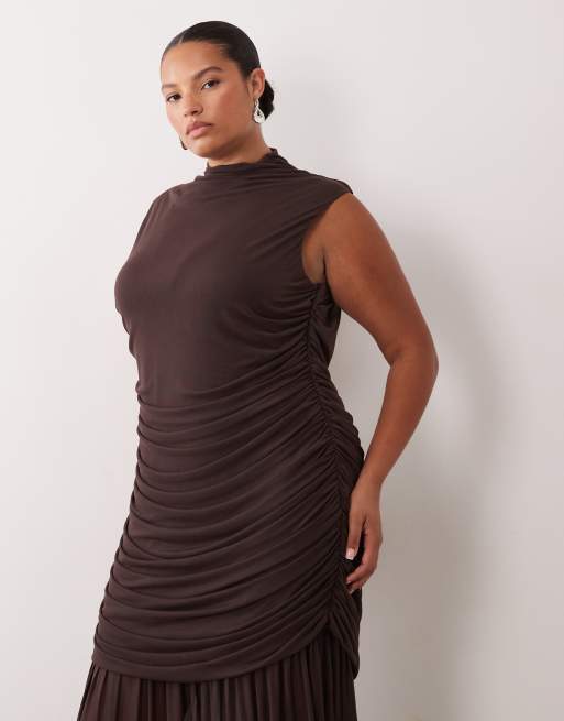 ASOS DESIGN Curve robe midi en tulle froncé à taille basse couleur chocolat, 2 de 4