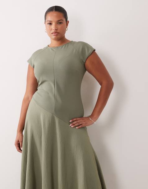 ASOS DESIGN Curve robe midi hybride à taille basse asymétrique en kaki - view 1