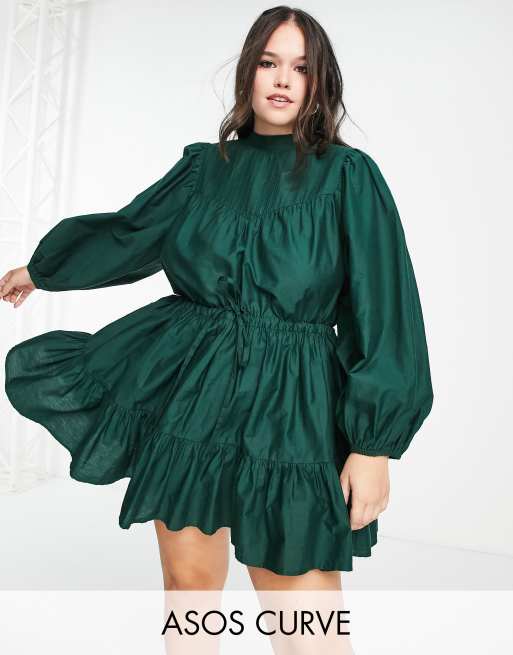 ASOS DESIGN Curve - Robe patineuse courte en popeline de coton à corsage nervuré - Vert foncé