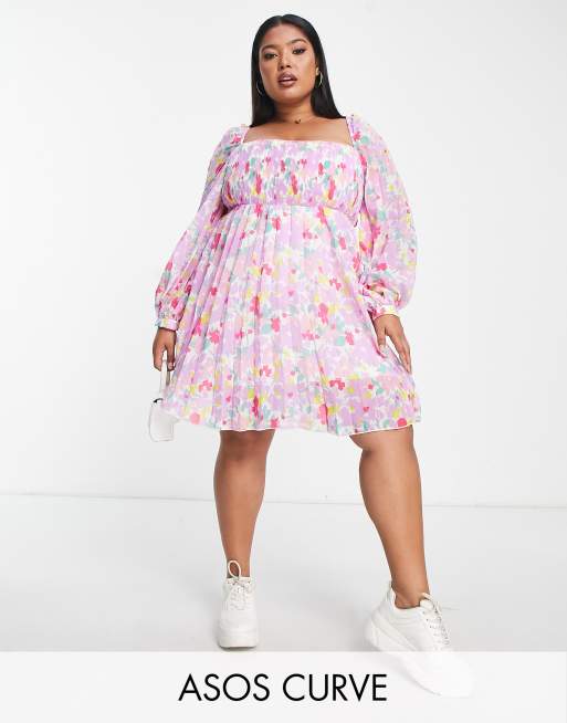 ASOS DESIGN Curve - Robe patineuse courte plissée à encolure carrée - Lilas fleuri 