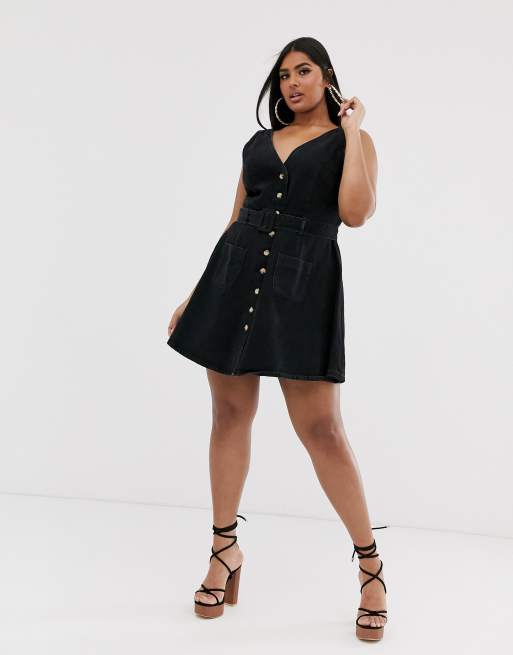 ASOS DESIGN Curve - Robe patineuse en jean avec boutonnage et ceinture - Noir, 4 de 4