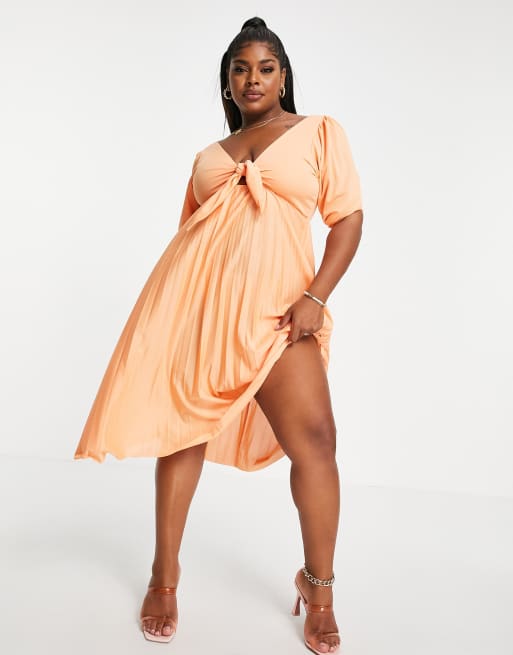 ASOS DESIGN Curve Robe patineuse mi longue plissee avec manches bouffantes et n ud devant Corail