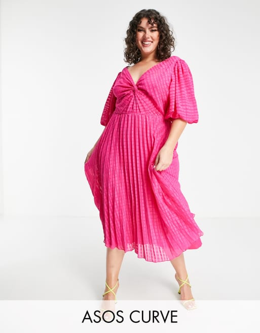 ASOS DESIGN Curve - Robe patineuse mi-longue plissée torsadée en plumetis - Rose vif