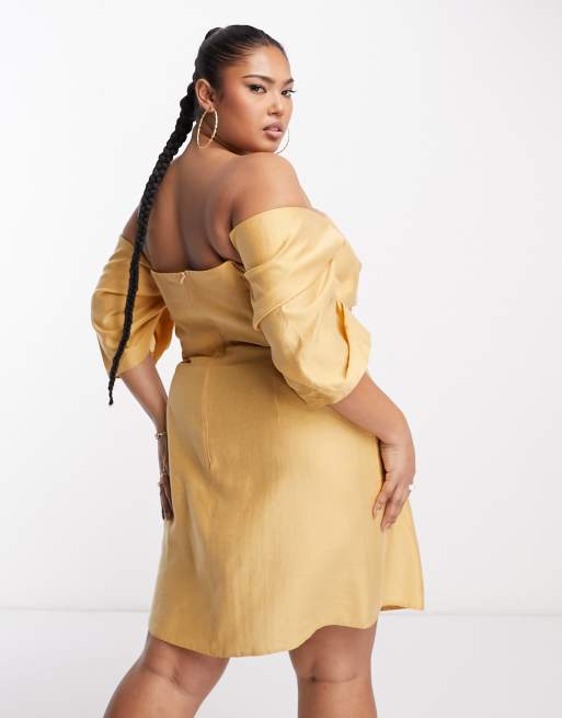   ASOS DESIGN Curve - Robe plissée courte à épaules dénudées avec buste effet croisé - Taupe délavé, 3 de 4