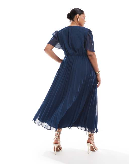 ASOS DESIGN Curve - Robe plissée mi-longue à manches évasées - Bleu marine, 2 de 4