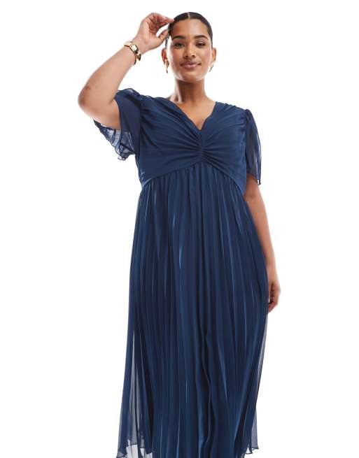ASOS DESIGN Curve - Robe plissée mi-longue à manches évasées - Bleu marine, 3 de 4